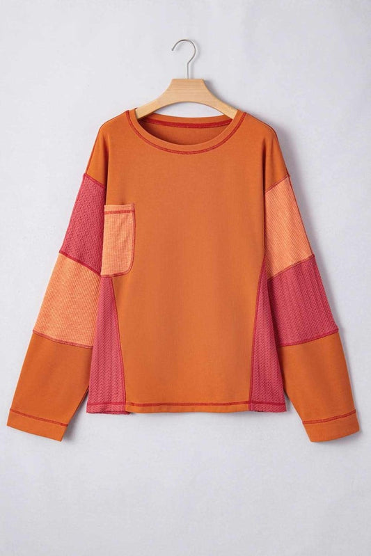 Orange Textured Knit Color Block Patchwork Chest Pocket Plus Size Top - Love Salve