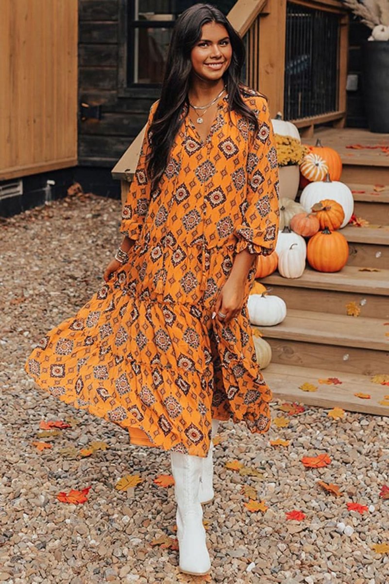 Orange Western Geometric Print Tiered Frilled Loose Fit Midi Dress - Love Salve