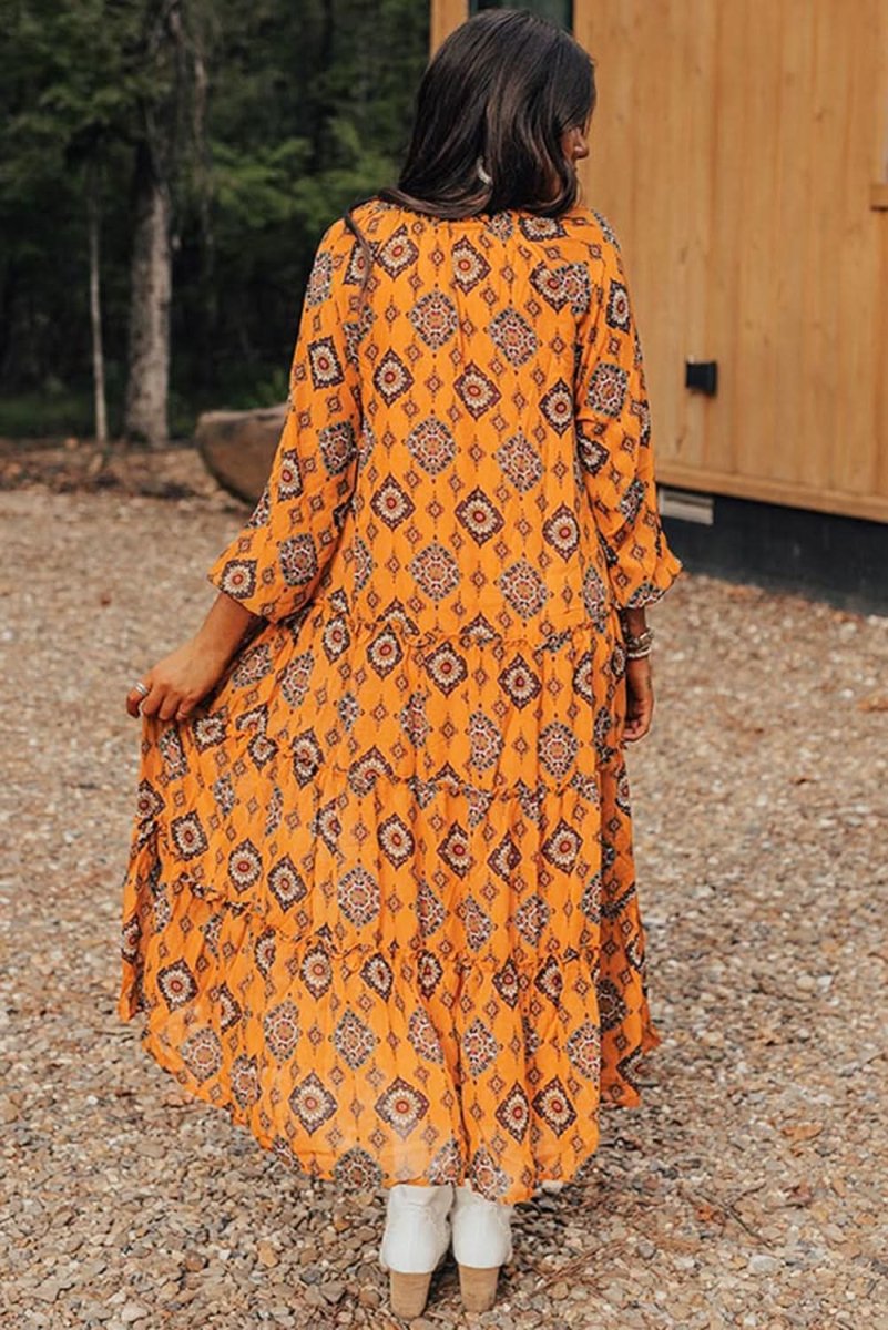 Orange Western Geometric Print Tiered Frilled Loose Fit Midi Dress - Love Salve