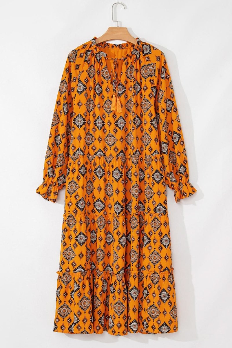 Orange Western Geometric Print Tiered Frilled Loose Fit Midi Dress - Love Salve