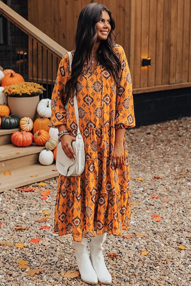 Orange Western Geometric Print Tiered Frilled Loose Fit Midi Dress - Love Salve