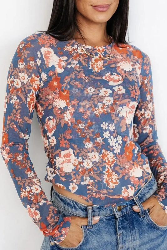 Orchid Petal Floral Print Mesh Fitted Long Sleeve Top - Love Salve