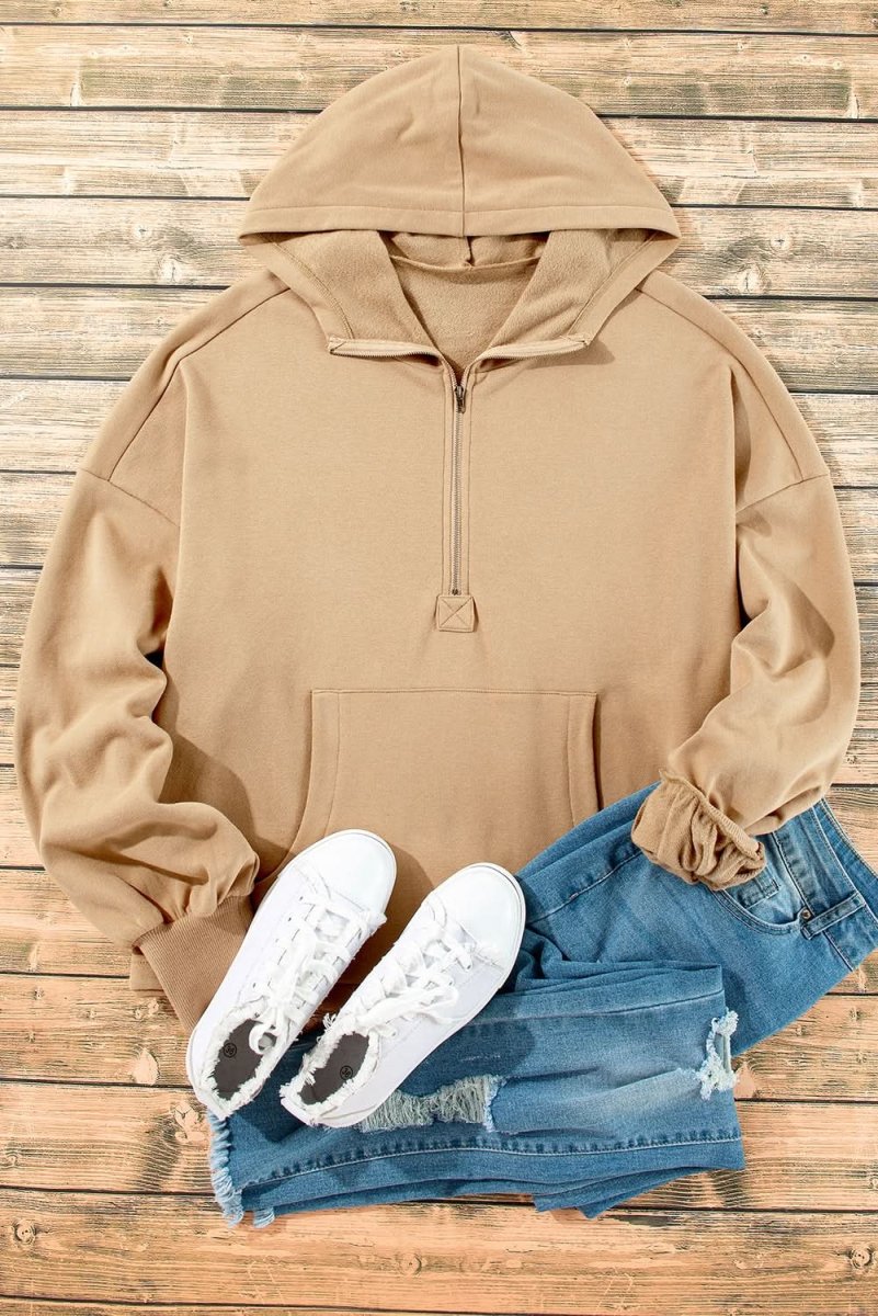 Parchment Fleece Lined Half Zipper Kangaroo Pockets Loose Hoodie - Love Salve