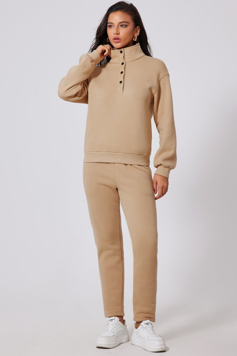 Parchment Solid Half Button Sweatshirt and High Waist Sweatpants Set - Love Salve