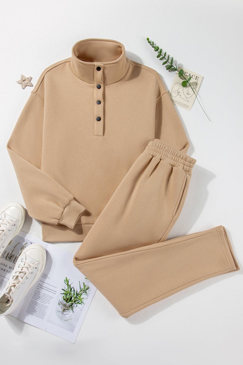 Parchment Solid Half Button Sweatshirt and High Waist Sweatpants Set - Love Salve