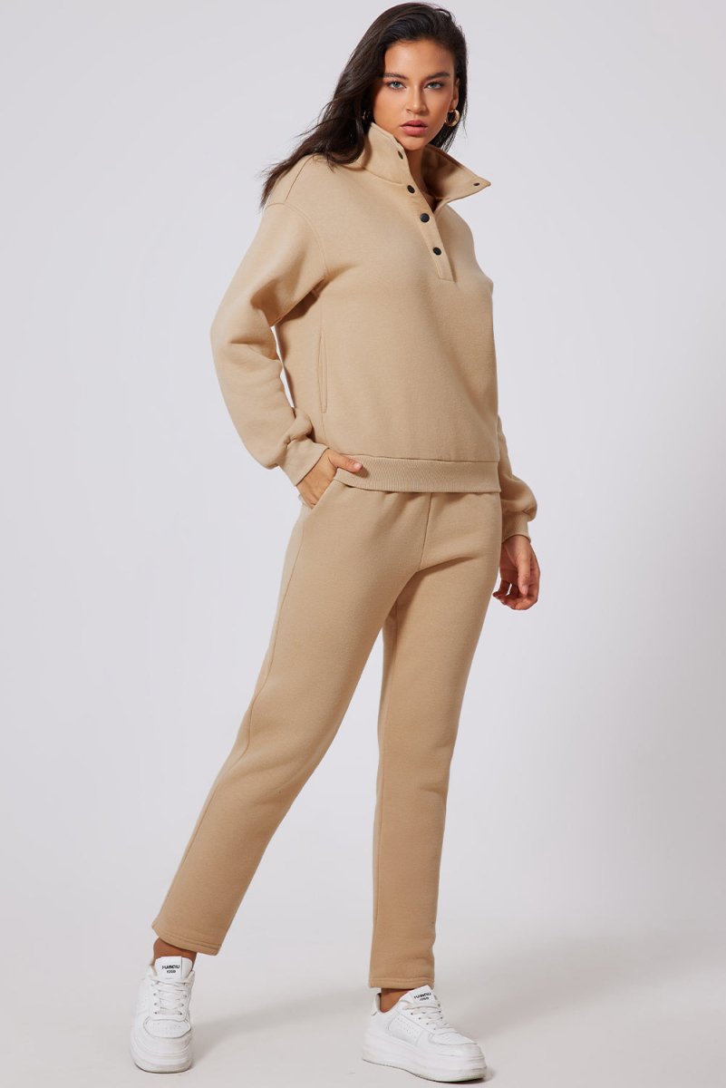 Parchment Solid Half Button Sweatshirt and High Waist Sweatpants Set - Love Salve