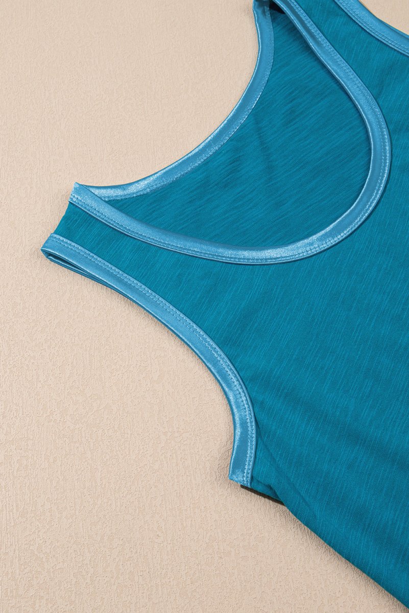 Peacock Blue Metallic Sheen Edge Scoop Neck Tank Top - Love Salve