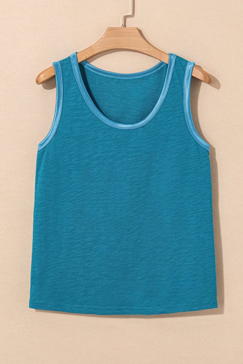 Peacock Blue Metallic Sheen Edge Scoop Neck Tank Top - Love Salve
