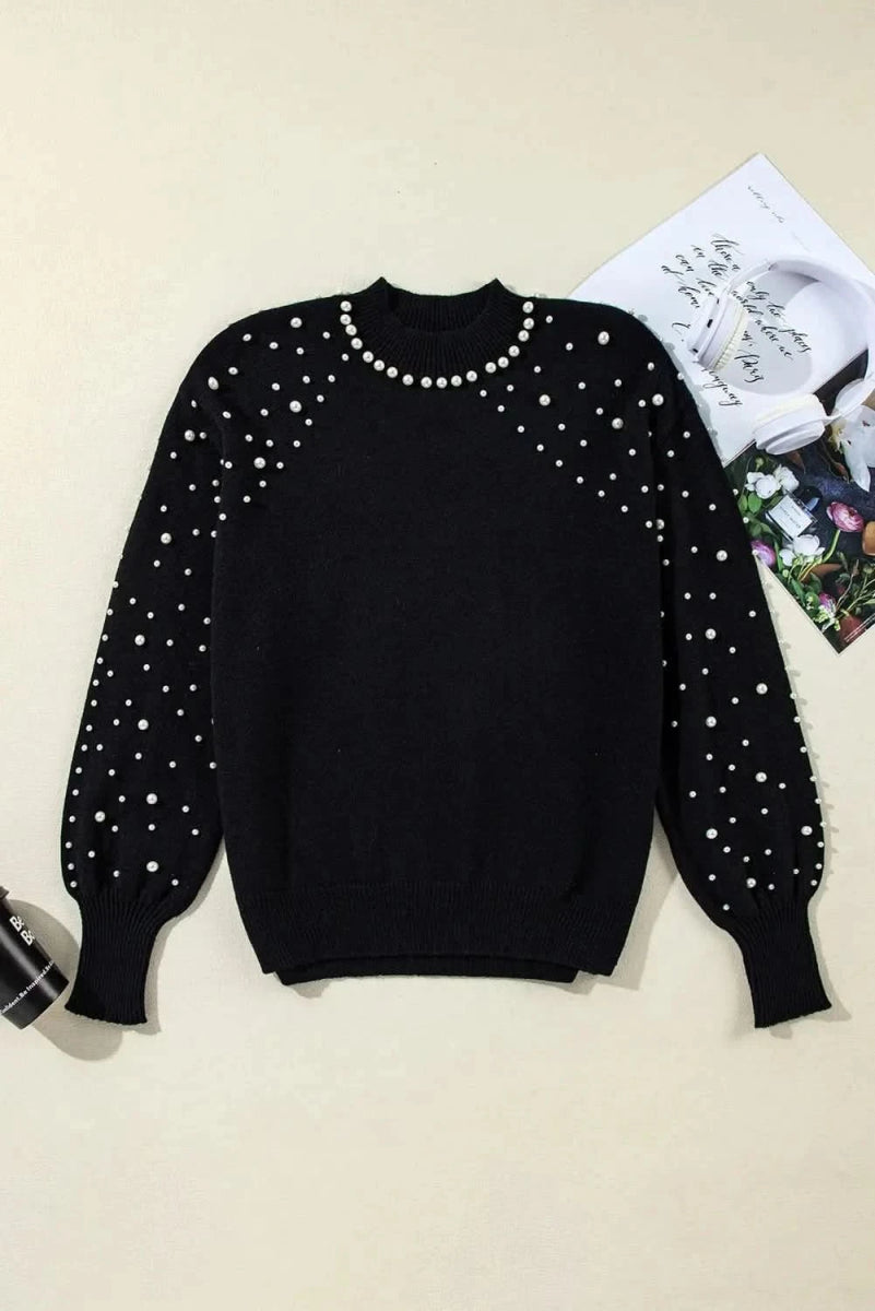 Pearl Detail Mock Neck Long Sleeve Sweater - Love Salve