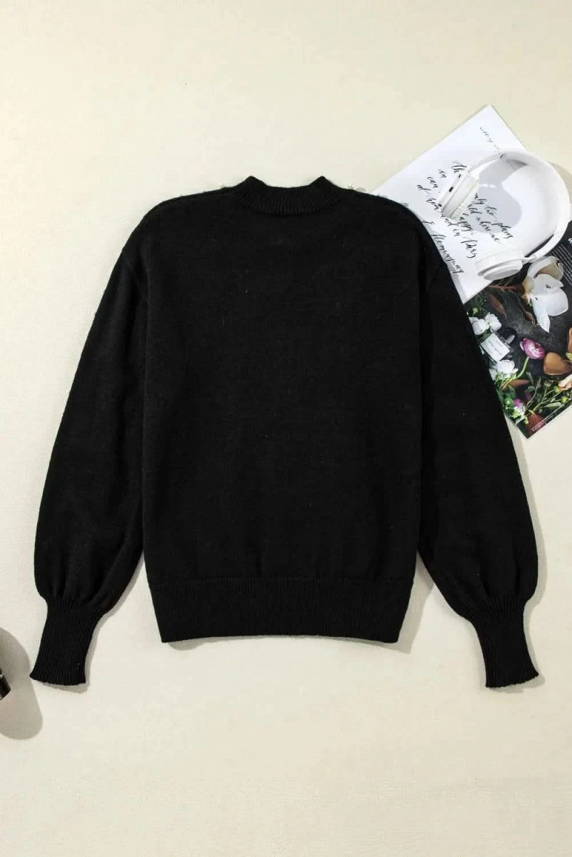 Pearl Detail Mock Neck Long Sleeve Sweater - Love Salve