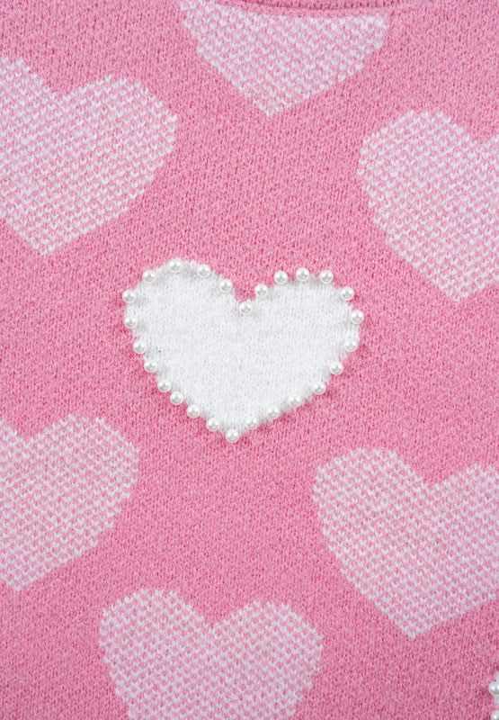 Pearl Trim Heart Round Neck Long Sleeve Sweater - Love Salve