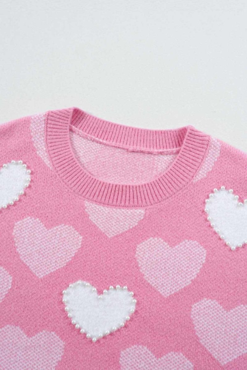 Pearl Trim Heart Round Neck Long Sleeve Sweater - Love Salve