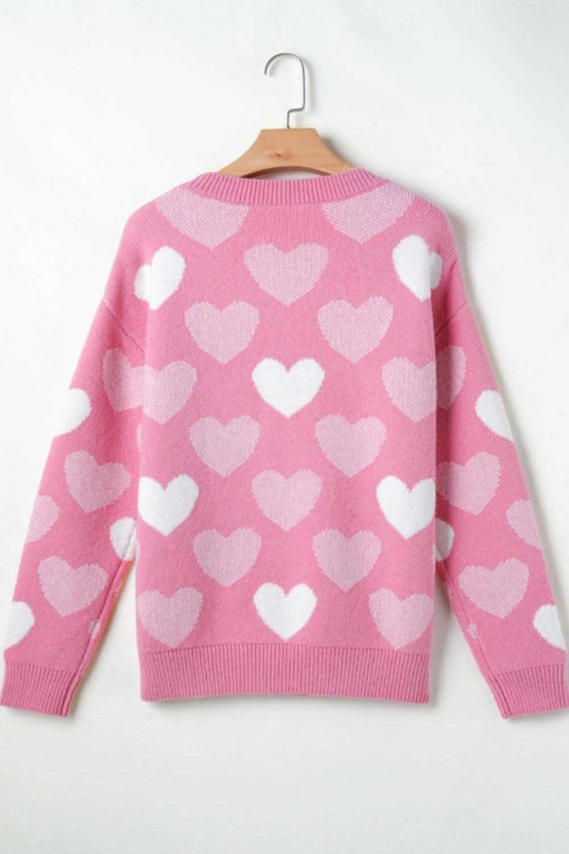 Pearl Trim Heart Round Neck Long Sleeve Sweater - Love Salve