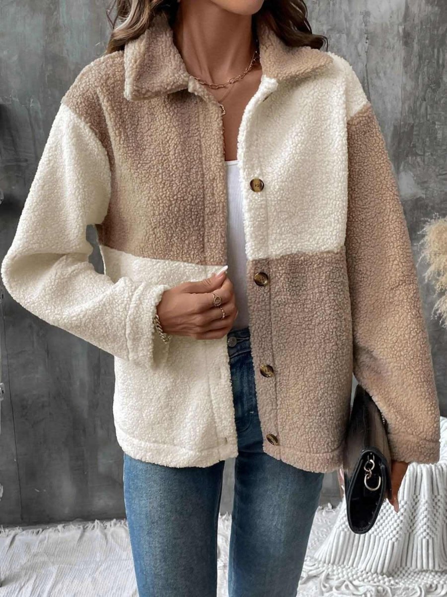 Perfee Color Block Collared Neck Long Sleeve Jacket - Love Salve