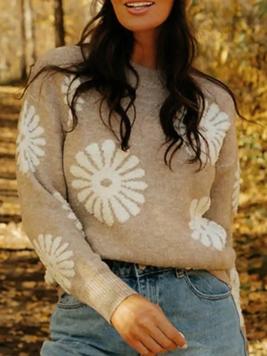 Perfee Flower Round Neck Long Sleeve Sweater - Love Salve