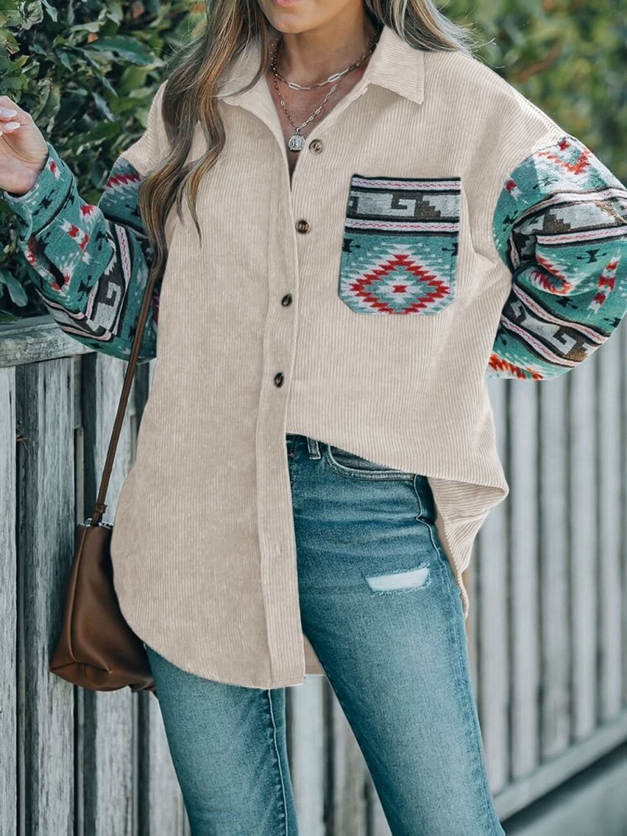 Perfee Pocketed Geometric Collared Neck Shacket - Love Salve