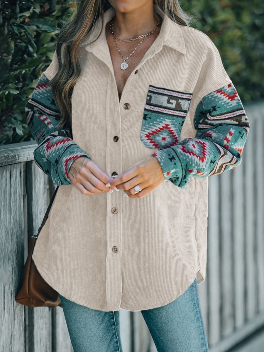 Perfee Pocketed Geometric Collared Neck Shacket - Love Salve