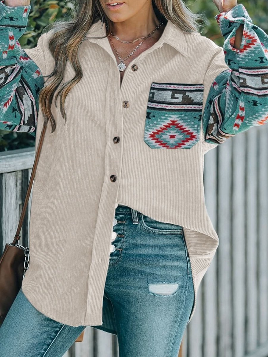 Perfee Pocketed Geometric Collared Neck Shacket - Love Salve