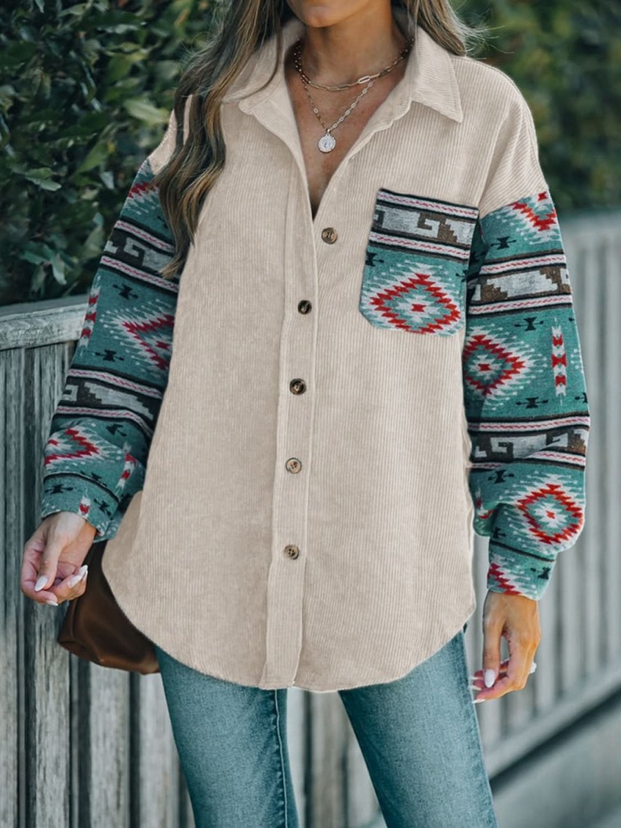 Perfee Pocketed Geometric Collared Neck Shacket - Love Salve
