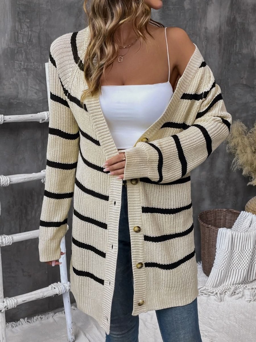 Perfee Striped Button Up Long Sleeve Cardigan - Love Salve