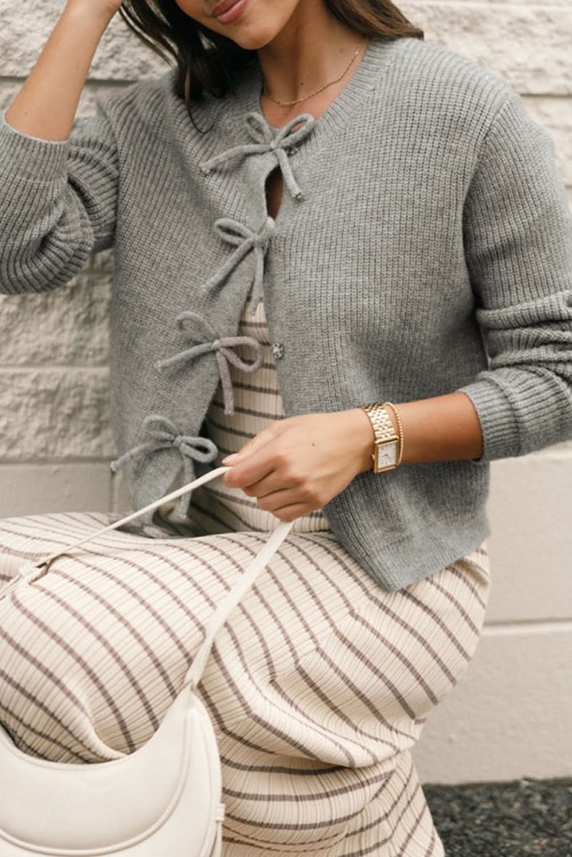 Philippine Gray Ribbed Knit Bow Front Buttoned Cardigan - Love Salve