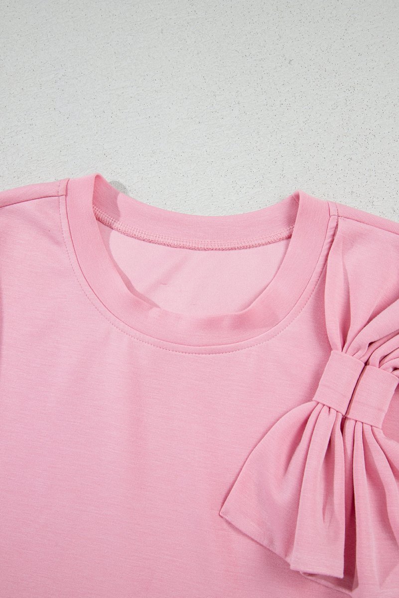 Pink Bow Applique Half Sleeve T-shirt for Stylish Looks - Love Salve