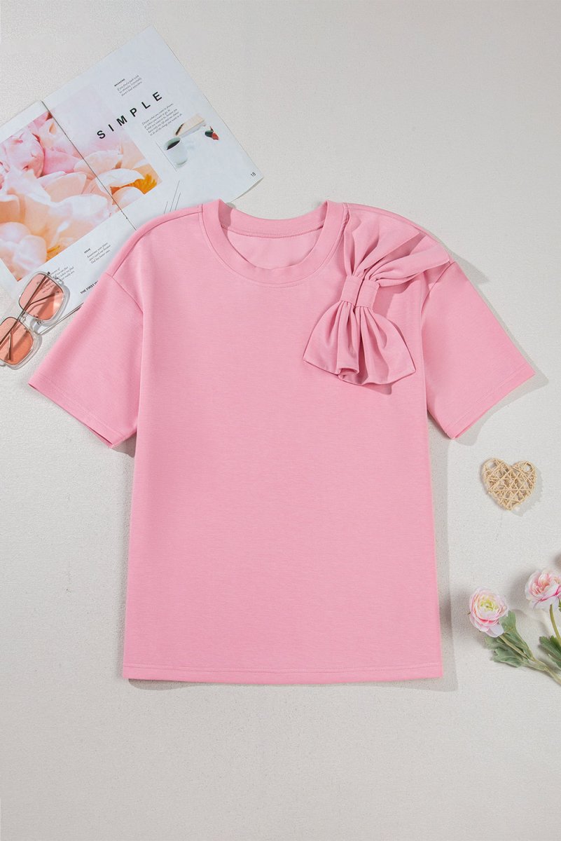 Pink Bow Applique Half Sleeve T-shirt for Stylish Looks - Love Salve