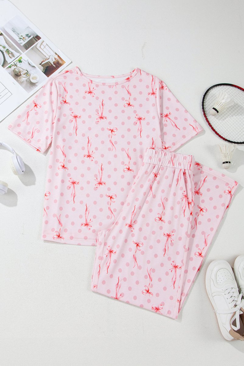 Pink Bow Knot Polka Dot Print Short Sleeve Top Lounge Set - Love Salve