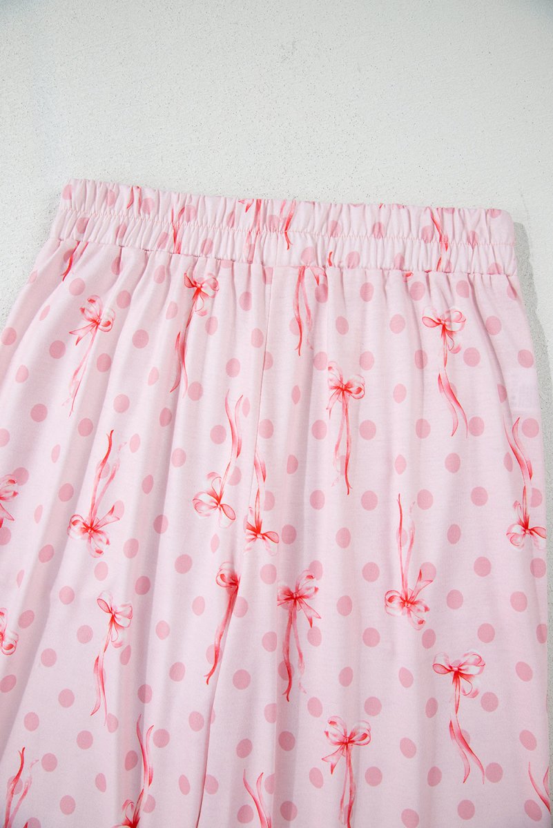 Pink Bow Knot Polka Dot Print Short Sleeve Top Lounge Set - Love Salve