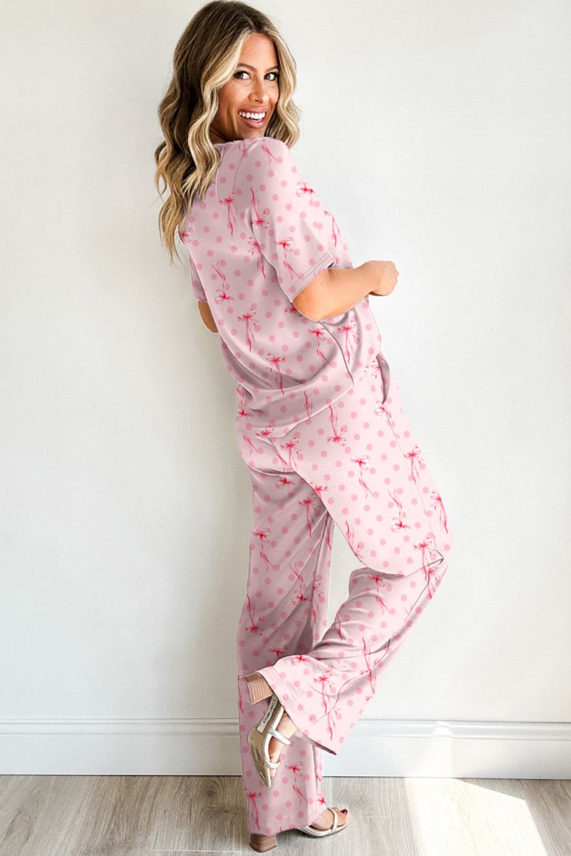 Pink Bow Knot Polka Dot Print Short Sleeve Top Lounge Set - Love Salve