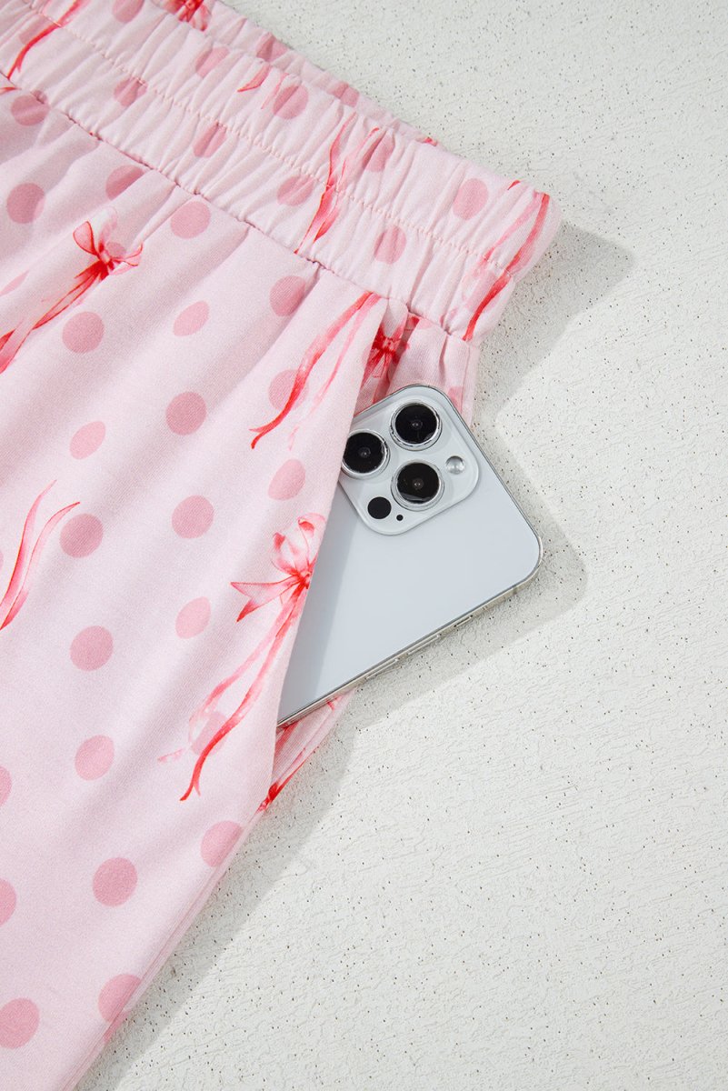 Pink Bow Knot Polka Dot Print Short Sleeve Top Lounge Set - Love Salve