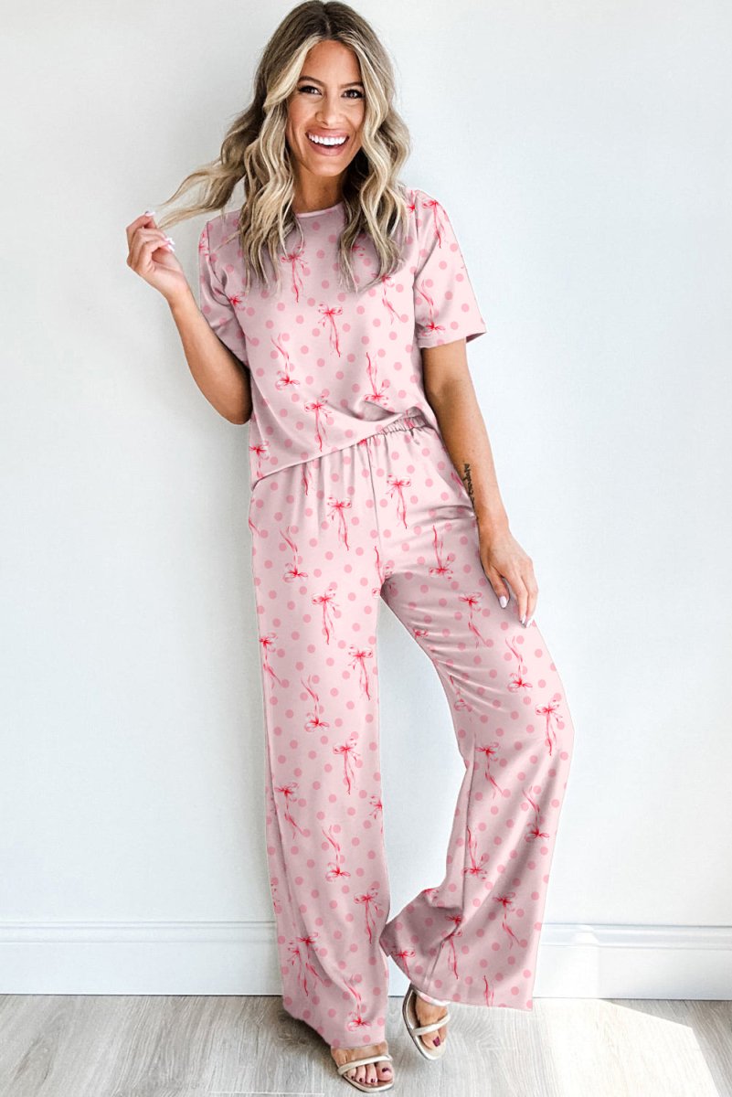 Pink Bow Knot Polka Dot Print Short Sleeve Top Lounge Set - Love Salve