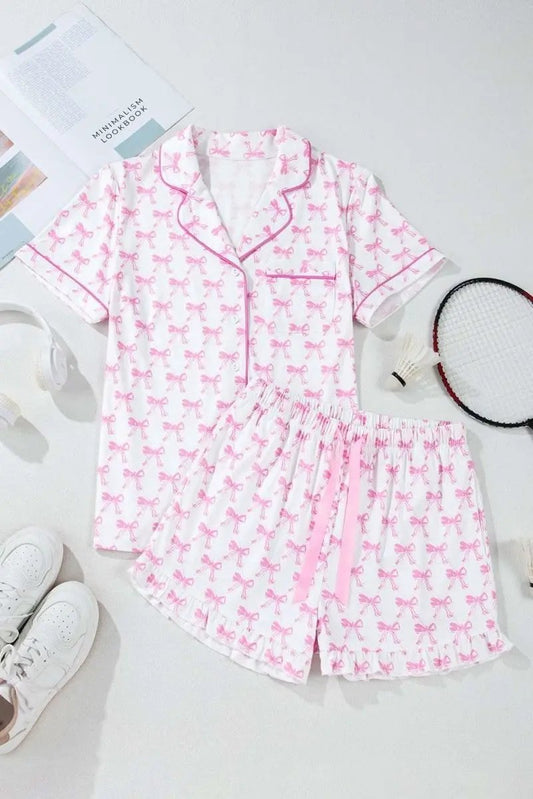 Pink Bowknot Printed Short Sleeve and Ruffled Shorts Valentines Pajama Set - Love Salve