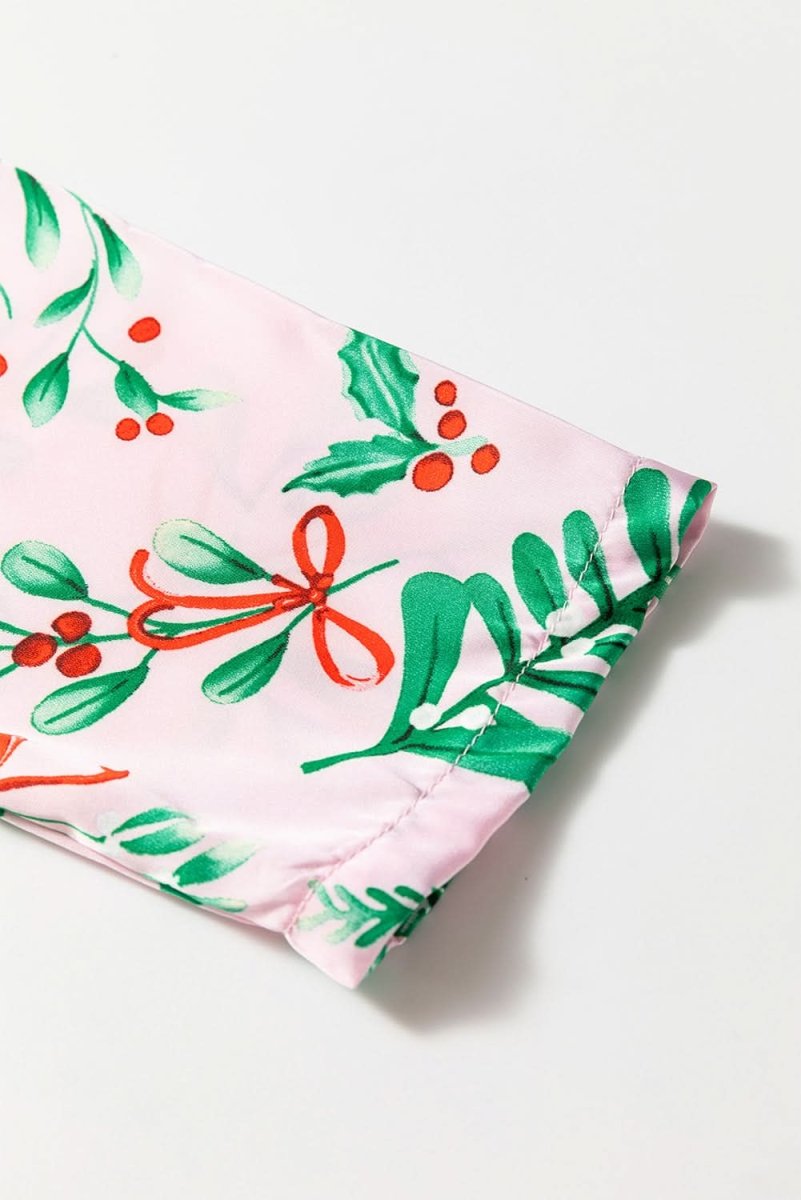 Pink Christmas Berries Plant Print Satin Long Sleeve Pajama Set - Love Salve