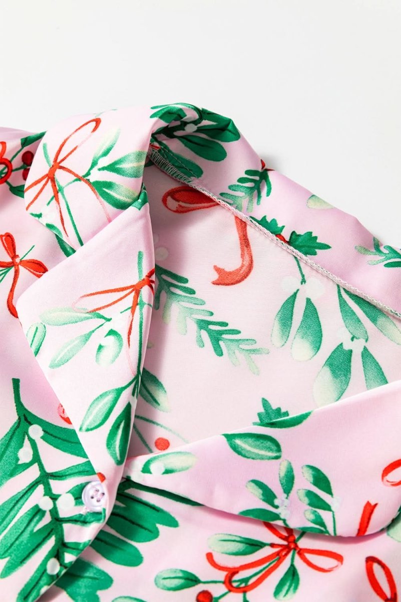 Pink Christmas Berries Plant Print Satin Long Sleeve Pajama Set - Love Salve