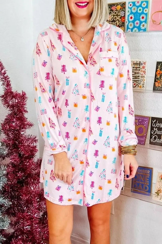 Pink Christmas Twinkle Tree Print Shirt Sleep Dress - Love Salve