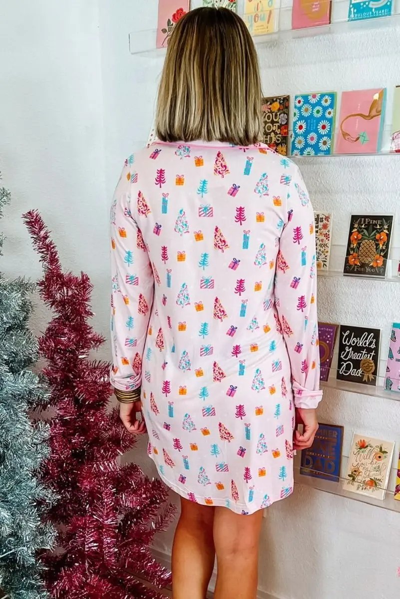 Pink Christmas Twinkle Tree Print Shirt Sleep Dress - Love Salve