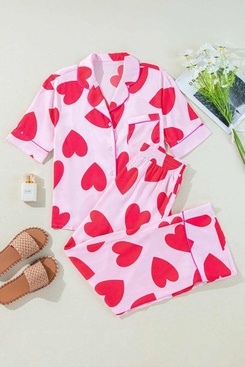 Pink Classic Heart Valentines Short Sleeve Pants Pajamas Set - Love Salve
