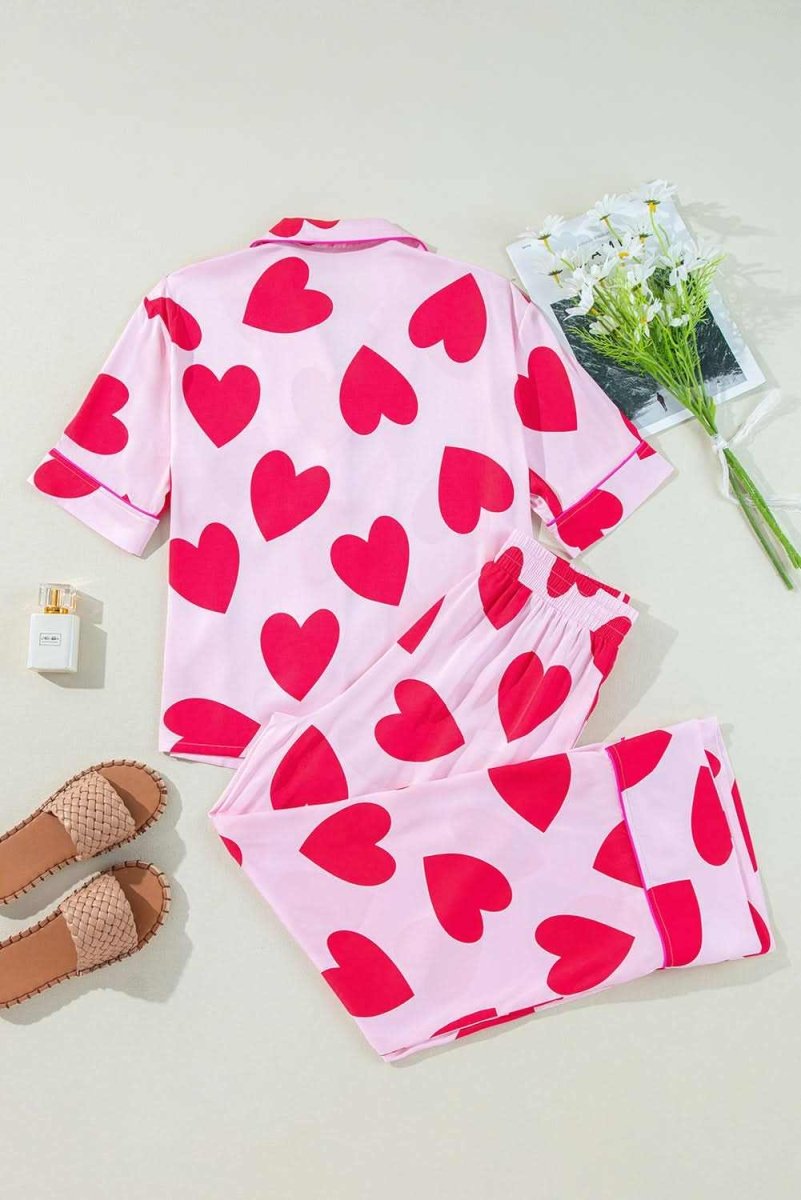 Pink Classic Heart Valentines Short Sleeve Pants Pajamas Set - Love Salve