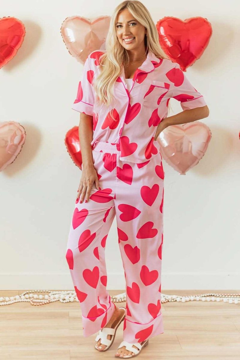 Pink Classic Heart Valentines Short Sleeve Pants Pajamas Set - Love Salve