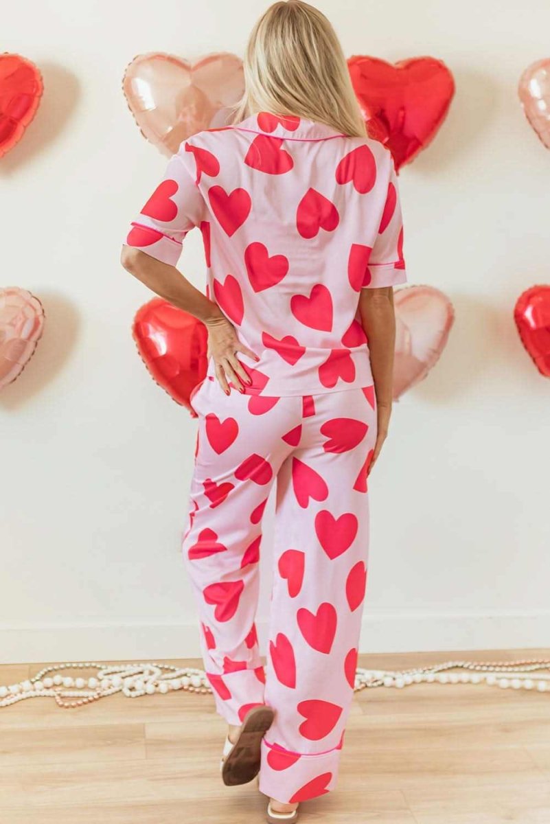 Pink Classic Heart Valentines Short Sleeve Pants Pajamas Set - Love Salve