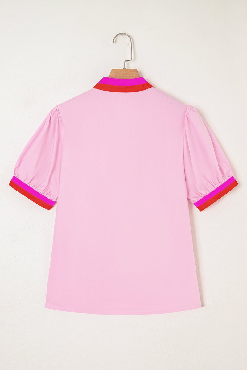 Pink Contrast Striped V Neck Puff Sleeve Blouse - Love Salve