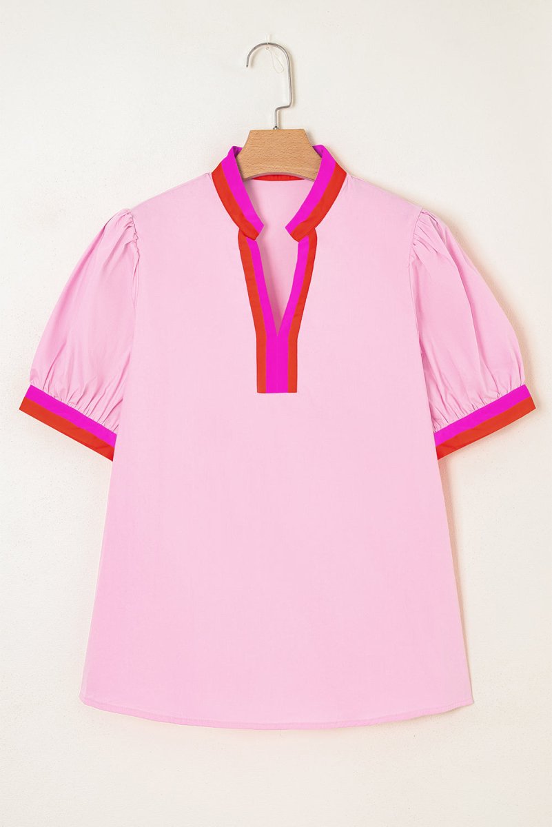 Pink Contrast Striped V Neck Puff Sleeve Blouse - Love Salve