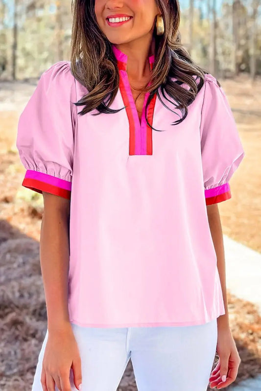 Pink Contrast Striped V Neck Puff Sleeve Blouse - Love Salve