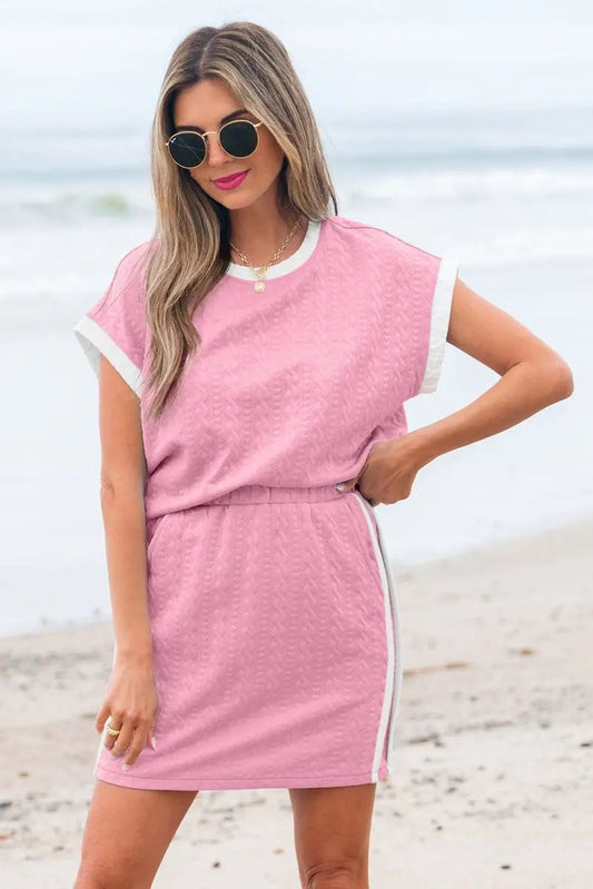Pink Contrast Trim Textured Crewneck Tee And Pocketed Skirt Set - Love Salve
