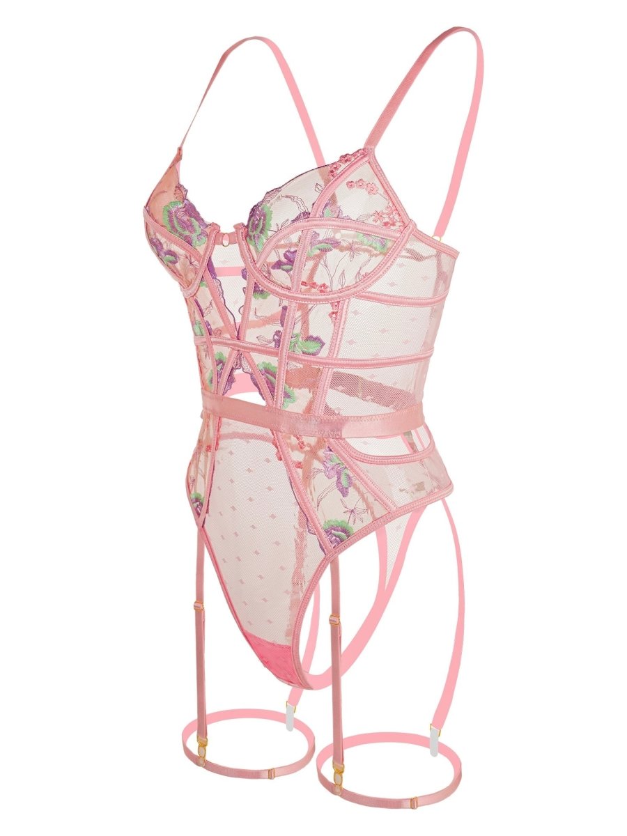 Pink Deluxe Floral Embroidered Bodysuit - Love Salve