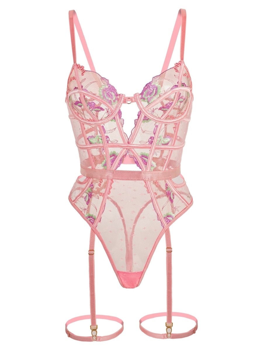 Pink Deluxe Floral Embroidered Bodysuit - Love Salve