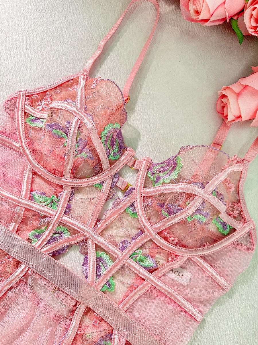Pink Deluxe Floral Embroidered Bodysuit - Love Salve