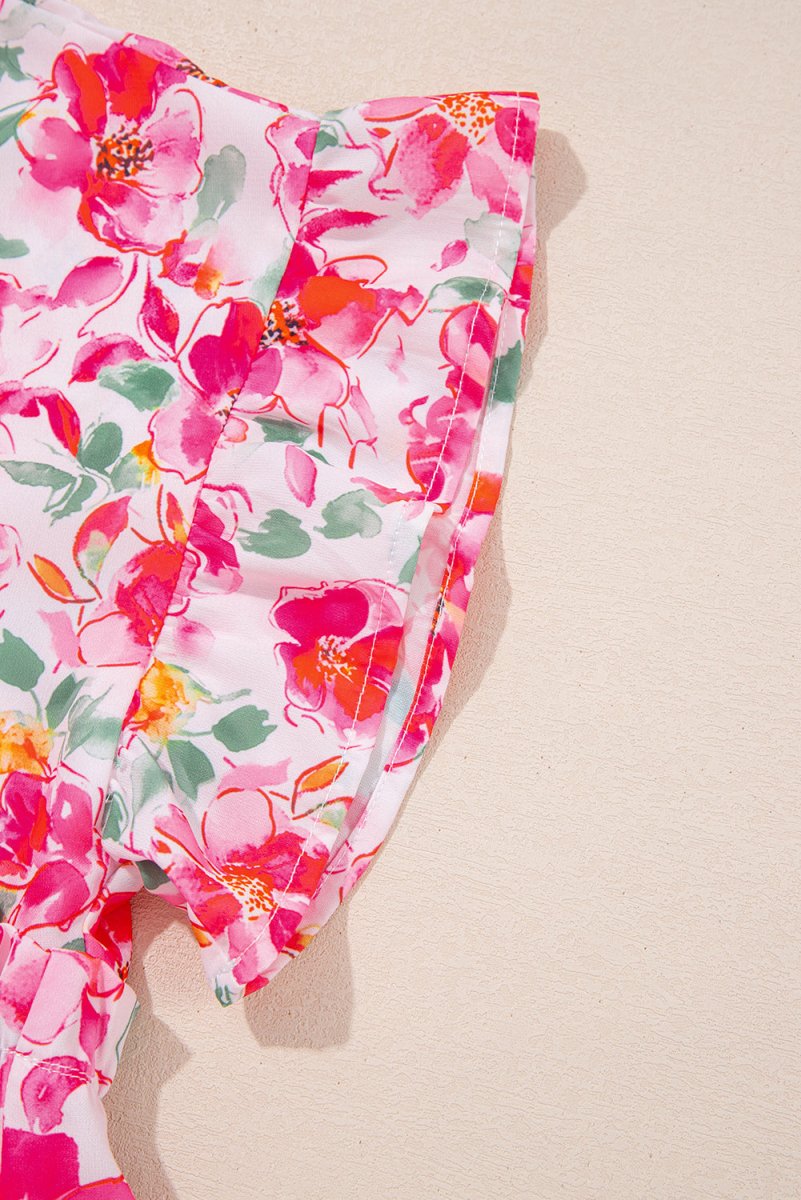Pink Floral Boxy Fit Ruffled Short Sleeve V Neck Blouse - Love Salve