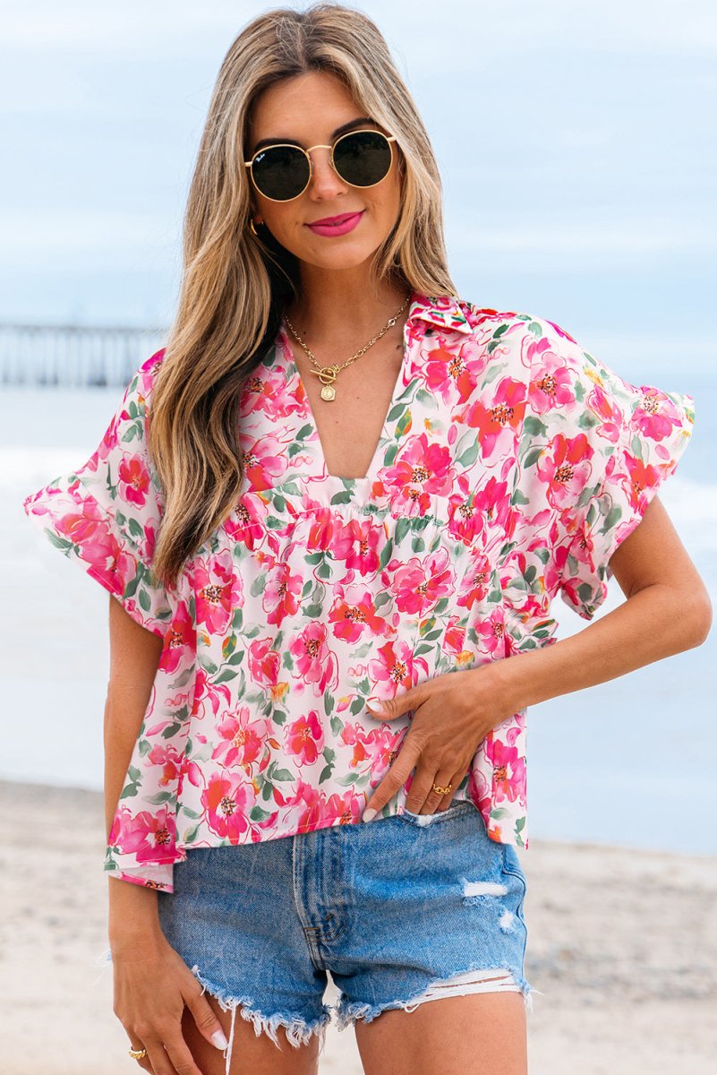 Pink Floral Boxy Fit Ruffled Short Sleeve V Neck Blouse - Love Salve